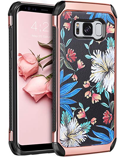 BENTOBEN Silicone Case for Samsung Galaxy S8, Samsung S8 Case Shockproof, Anti-scratch Hybrid Hard PC Soft TPU Flower Pattern Protective Case for Samsung Galaxy S8 2017 (5.8 Inch) - Rose Gold/Black