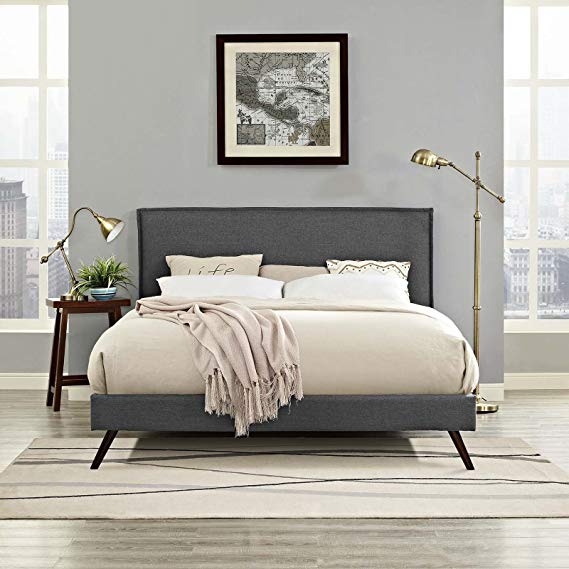Modway Amaris Upholstered King Platform Bed Frame in Gray With Splayed Legs