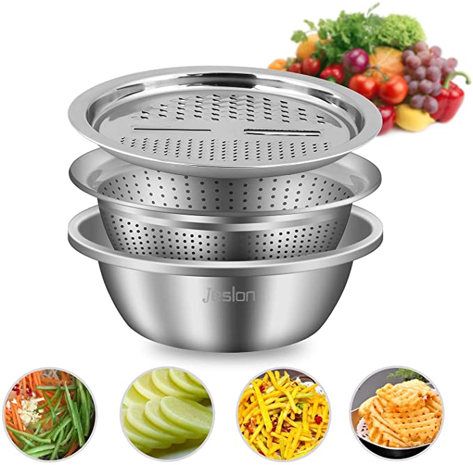 Jeslon 10 Inch Stainless Steel Drain Basket Vegetable Cutter, 3 in 1 Kitchen Multipurpose Julienne Grater - Salad Maker Bowl