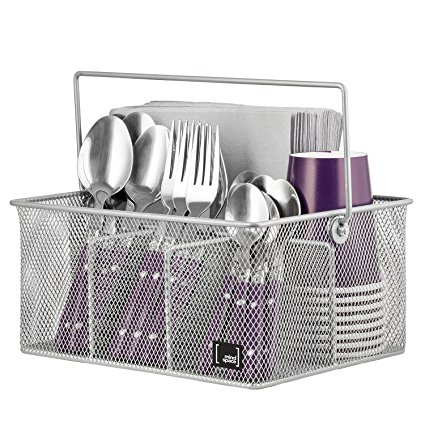 Mindspace Utensil Caddy, Silverware, Napkin Holder and Condiment Organizer | The Mesh Collection, Silver