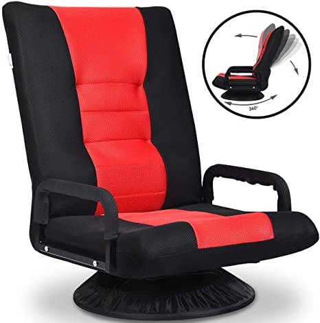 Giantex 360 Degree Swivel Gaming Floor Chair w/Armrests, Adjustable 6-Position Folding Floor Chair, Padded Backrest Great for Games Reading, Lazy Sofa Lounger for Teens Adults (Black/Red)