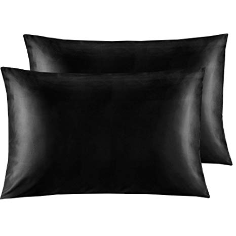 NTBAY Silky Satin Queen Pillowcases Set of 2, Super Soft and Luxury, Hidden Zipper Design, Black, Queen Size