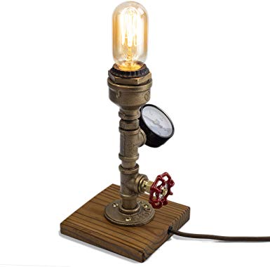Steampunk Lamp with Dimmer, Dimmable Loft Style Industrial Vintage Antique Style Light with Bulb, Wood Base with Iron Piping Desk Lamp, Retro Desk Lamp LL-025