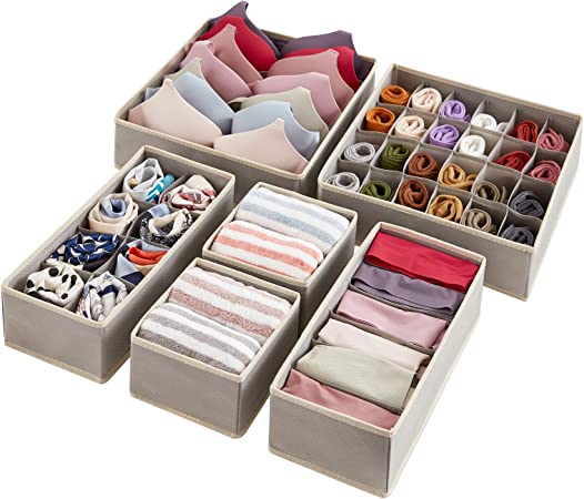 Lifewit Drawer Underwear Organizer Divider 6 Pieces Fabric Foldable Dresser Storage Basket Organizers and Storage Bins for Storing Bra, Lingerie, Undies, Light Grey