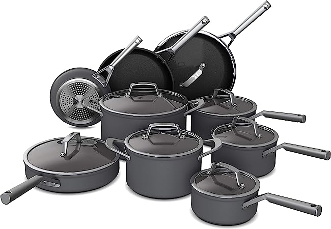 Ninja C39900 Foodi NeverStick Premium 16-Piece Cookware Set, Hard-Anodized, Nonstick, Durable & Oven Safe to 500°F, Slate Grey