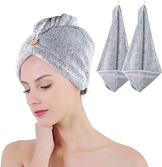 Hair Turban Towel,Dry Hair Cap,2Pack Charcoal Fibre Hair Drying Towel with Button Dry Hair Hat, Bath Hair Cap Super Absorbent For Drying Curly, Long & Thick Hair（Grey）