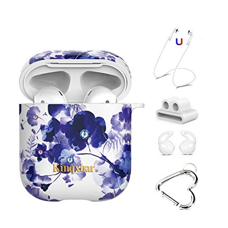 AirPods Case Sparkle Crystal from Swarovski 5 in 1 Covers for Apple AirPods 2 & 1,Hard PC Protective Orchid Floral Case for Girl and Women with Keychain/Strap/Earhooks/Watch Band Holder by KINGXBAR