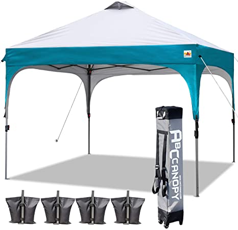 ABCCANOPY Canopy Tent 10x10 Pop Up Canopy Outdoor Canopies Portable Tent Popup Beach Canopy Shade Canopy Tent with Wheeled Backpack Bag Bonus 4Weight Bags, 4Ropes and 4Stakes, Gray and Turquoise