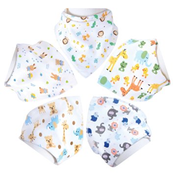Honeyhome Baby Bandana Drool Bibs,Unisex 5- Pack Set with Snaps - Soft 100% Cotton Absorbent Bibs Infant Accessories - Perfect Baby Burp Cloths Gift for Drooling,Feeding and Teething-Model B