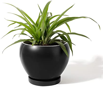 POTEY 052402 Ceramic Plant Pot Planter - 6.7 Inches Black Planter for Indoor Plants Flower Succulent with Drainage Hole & Saucer