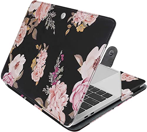 MOSISO Case Compatible with 2020-2018 MacBook Air 13 A2179 A1932 /2020-2016 MacBook Pro 13 A2251/A2289/A2159/A1989/A1706/A1708, Pattern PU Leather Folio Protective Cover Sleeve, Black Base Peony