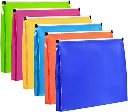 FANWU 6Pcs Assorted Color Plastic Envelopes with Zipper Closure, Letter Size, 1-1/4" Expansion, Expandable Zip Folder Reusable Poly Pouch Bag for School Home Office Documents Storage