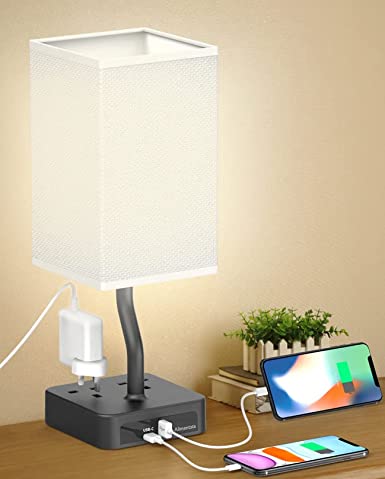 Bedside Table Lamp, Alimentata Touch Control Nightstand Bedroom Lamp with USB C & USB A Charging Ports, 2 Way Outlets, Minimalist White Fabric LED Desk Night Light for Living Room Office