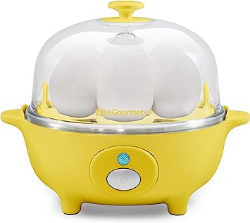 Elite Gourmet EGC-007Y# Rapid Egg Cooker, 7 Easy-To-Peel, Hard, Medium, Soft Boiled Eggs, Poacher, Omelet Maker, Auto Shut-Off, Alarm, 16-Recipe Booklet, Yellow