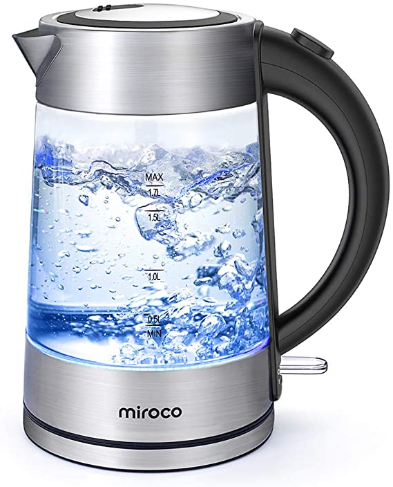 Miroco 1.7L Cordless Glass Electric Tea BPA-Free, Stainless Steel Finish, Fast Auto Shut Off, Boil-Dry Protection, Hot Water Kettle with LED Indicator Light