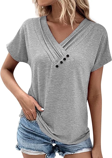 Womens Short Sleeve Blouses Spring Dressy Casual Loose Fit T Shirts Button Decor Summer Solid Color Tunic Tops