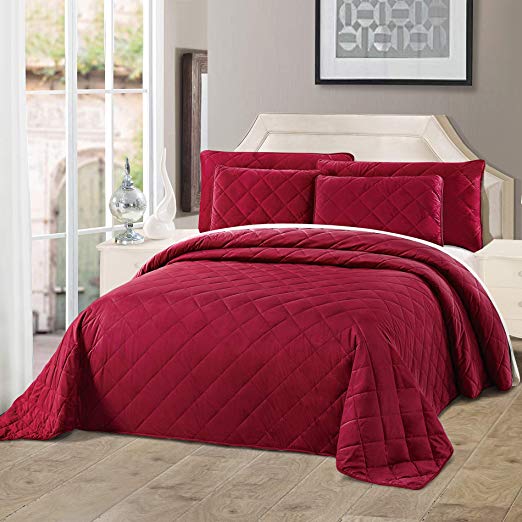 Home Soft Things Serenta Velvet Quilted 5 Piece Bed Spread Set, Garnet, Over-Sized King (122" x 106")