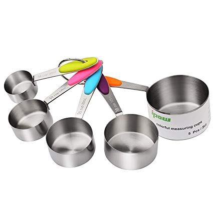 ipow Stainless Steel Set of 5 American Kitchen Cooking Baking Measuring Cups Measuring Spoon with Silicone Handle