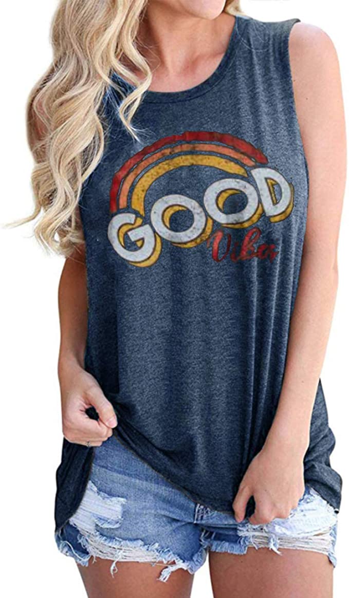 Good Vibes Rainbow Tank Top Women's Vintage Sleeveless Casual Graphic Tee T-Shirt