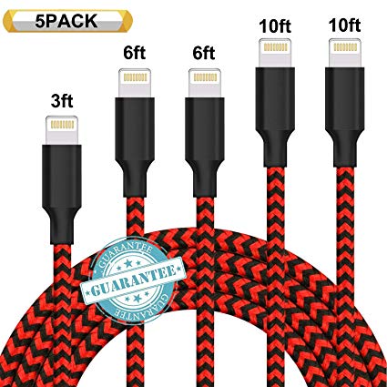 DANTENG Phone Charger 5Pack 3FT 6FT 6FT 10FT 10FT Nylon Braided Charging Cables USB Charger Cord, Compatible with Phone X 8 8 Plus 7 7 Plus 6 6 Plus Pad - Black Red