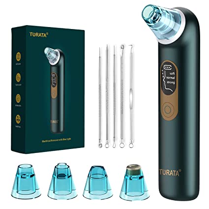 TURATA Blackhead Remover, Pore Vacuum Cleaner 4 Replaceable Heads Rechargeable Blackhead Removal Kit, 3 Modes Electric Facial Acne Comedone Remover, Extraction Tool with Blue Light (Pine green)