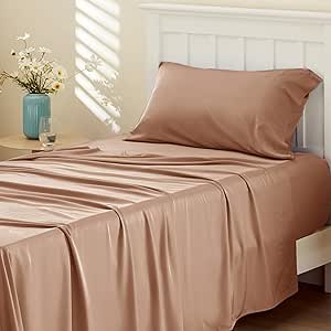 Bedsure Twin XL Sheet Set Dorm Bedding, Rayon Derived from Bamboo, Twin Extra Long Sheets for Kids, Deep Pocket Up to 16", Hotel Luxury Silky Bedding Sheets & Pillowcases, Taupe