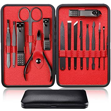 Manicure Kit Nail Clippers Set Stainless Steel Professional Pedicure Black 15 Pieces Grooming Scissors Cutter Ear Pick Tweezers Scissors Eyebrow file for Man&Women gift (Red_15 pieces)