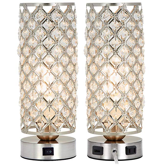 Crystal Table Lamp Set of 2 with USB Charging Port,Decorative Nightstand Room Lamps,Bedside Night Light Lamp, Fashionable Small Table Lamp for Bedroom, Living Room,Dining Room