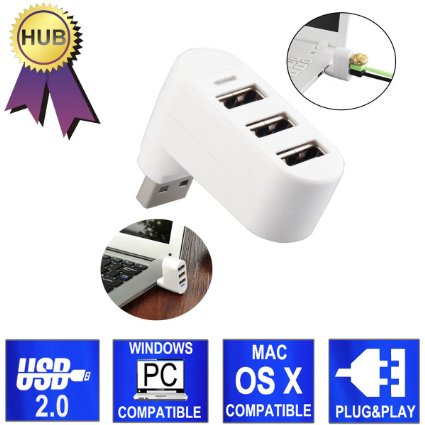 Ouonline 3 Ports USB 2.0 Hub 180 Degrees Rotation Mini Rotate External Splitter Adapter For Notebook Laptop PC (White)