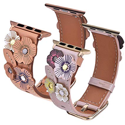 V-MORO Flowers Leather Band Compatible with Apple Watch Bands 42mm 44mm Series 4/3/2/1 Women with Stainless Steel Buckle Rose Gold, 2 Pack iWatch Leather Replacement Strap Wristband - Beige Rose Gold