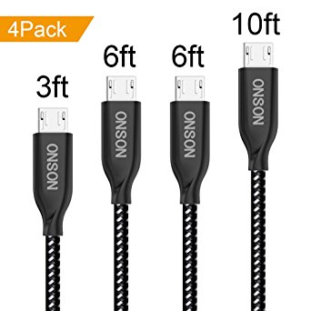 ONSON Micro USB Cable,4Pack 3FT/6FT/6FT/10FT Long Premium Nylon Braided Android Charger USB to Micro USB Charging Cable Samsung Charger Cord for Samsung Galaxy S7 Edge/S7/S6/S4/S3,Note 5/4/4 (Black)