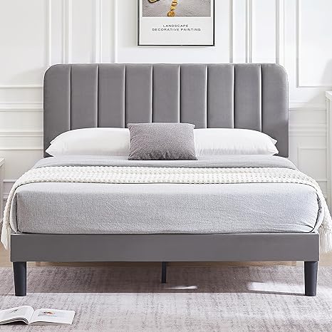 VECELO Full Size Upholstered Bed Frame with Adjustable Headboard, Velvet Platform Bedframe Mattress Foundation, Strong Wood Slat Support, No Box Spring Needed, Dark Grey