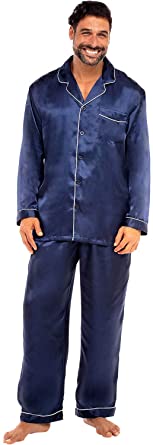 Alexander Del Rossa Men's Button Down Satin Pajama Set with Sleep Mask, Long Silky Pjs