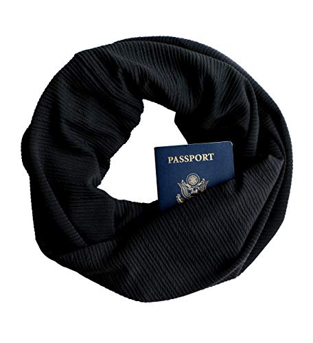 Black Ribbed Knit Infinity Scarf with Zippered Secret Pocket