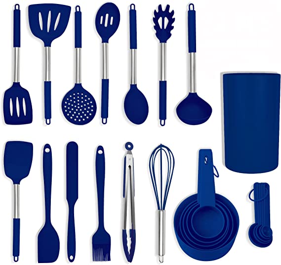 Culinary Couture 24-Piece Blue Stainless Steel & Silicone Cooking Utensil Set, Heat-Resistant Cooking Utensils, Non-Scratching Kitchen Cooking Utensils, Includes a Bonus Recipe E-Book