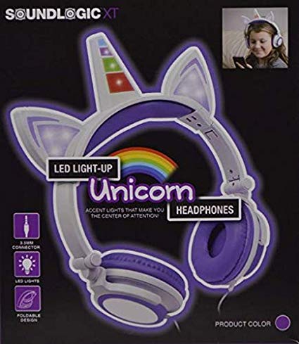 Premium LED Light Up in The Dark Unicorn Over The Ear Comfort Padded Stereo Headphones with AUX Cable | Earphone Gift (Pink)