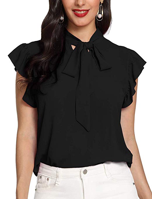 Romwe Women's Casual Cap Sleeve Bow Tie Blouse Top Shirts