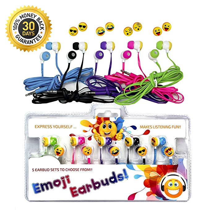 Vias Emoji Earbud Bundle - 5 pairs of Assorted Smile Face Expressions Headphones Earbuds 3.5mm for iPod/SmartPhone/Tablet. Great for Kids, Boys, Girls, Gifts
