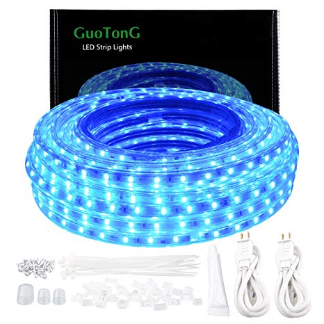 GuoTonG 50ft/15m LED Lights Strip kit Rope Lights Waterproof Blue 110V 2 Wire Flexible 900 Units SMD 2835 LEDs,UL Listed Power Supply Indoor/Outdoor Use Ideal for Backyards Decorative Lighting