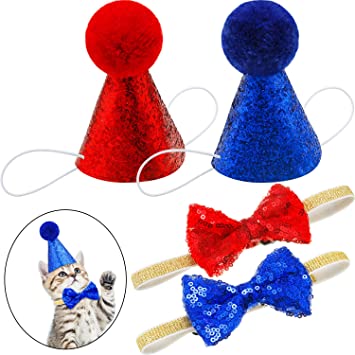 SATINIOR 4 Pieces Pet Birthday Hat and Bowtie Cute Reusable Dog Cat Headwear Adjustable and Collar Dog Headband Topper for Cat and Small Medium Dogs (Royal Blue and Red, Style A)