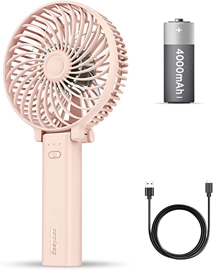 Mini Handheld Fan, EasyAcc USB Desk Fan 4000mAh Rechargeable Battery Operated Fan 5-23 Hours 3 Speeds Foldable Strong Wind Personal Powerful Cooling Fan Portable for Travel Camping Office Home - Pink