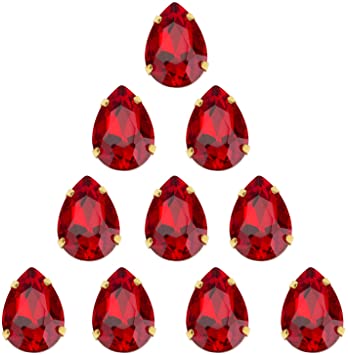 Choupee Sew On Rhinestone Tear Drop Crystal Rhinestones in Gold Setting 48 Pcs (Red, 13 X 18 MM)