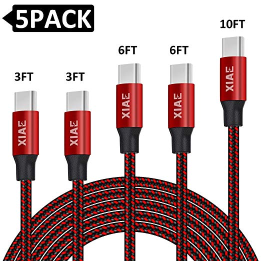 USB Type C Cable,XIAE 5Pack (3/3/6/6/10FT)Nylon Braided Fast Charging Cable Aluminum Housing Compatible with Samsung Galaxy S10 S9 Note 9 8 S8 Plus,LG V30 V20 G6,Google Pixel,Huawei P30/P20-Black&Red