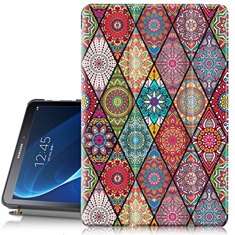 Hocase Galaxy Tab A 10.1 Case, SM-T580/T585 (NO S Pen Version) Case, PU Leather Case w/Flower Design, Auto Sleep/Wake Feature, Hard Back Cover for Samsung Galaxy Tab A 10.1-Inch - Mandala Flowers