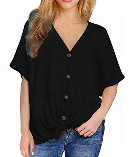 Waffle Knit Tunic Womens Short Sleeve V Neck Button Down Henley Tops Tie Knot Front Loose Fitting Bat Wing Plain Shirts
