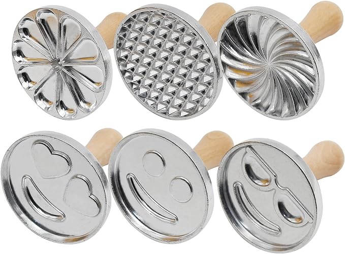 6 PCS Cookie Stamps for Baking, Geometry Citrus and Emoji Cookie Stamps with Natural Hardwood Handle, 3-inch Round Metal Cookie Press Mold for Cake, Pastry, DIY Baking