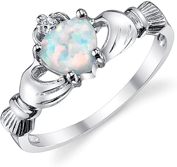 Sterling Silver 925 Irish Claddagh Friendship & Love Ring with Simulated Opal Heart