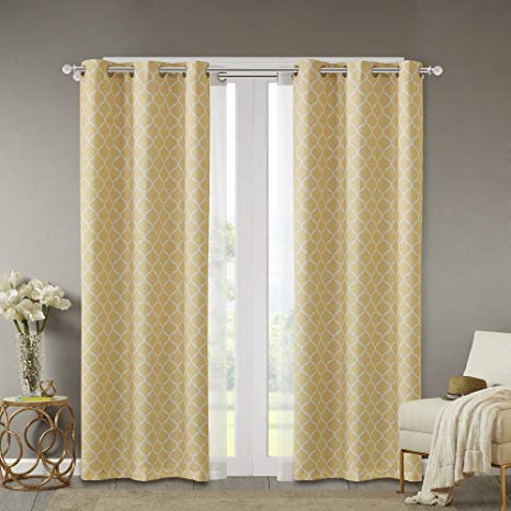 Comfort Spaces - Windsor Yellow Ogee Printed Window Curtain Pair/Set of 2 Panels - 42x84 inch Panel - Blackout Room Darkening - Grommet Top - 2 Pieces