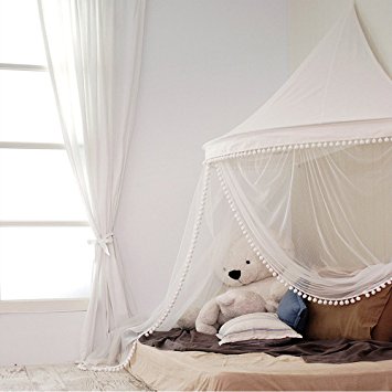 HAN-MM Hanging Bed Canopy Princess Play Tent and Bed Canopy Round Hoop Netting Mosquito Net Bedroom Decor Beige with Sheer