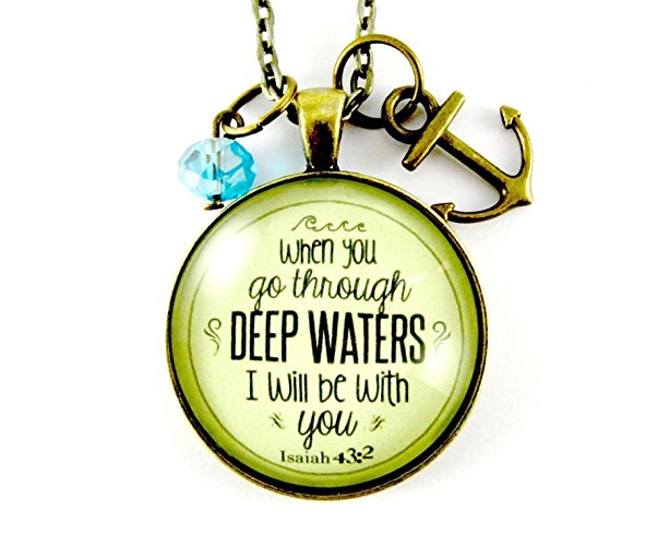 When You Go Through Deep Waters Isaiah 43:2 Christian Necklace 24", Bronze Round Glass 1.20" Vintage Style Pendant Faith Jewelry Anchor Charm, Blue Glass Bead
